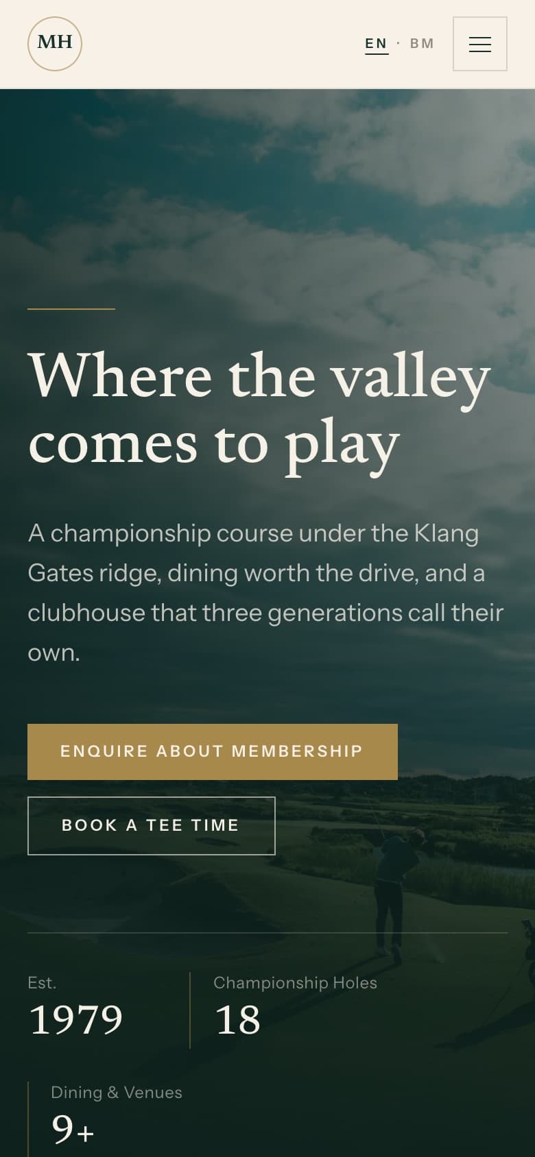 The Club Kit demo site for a fictional golf and country club, shown on a phone