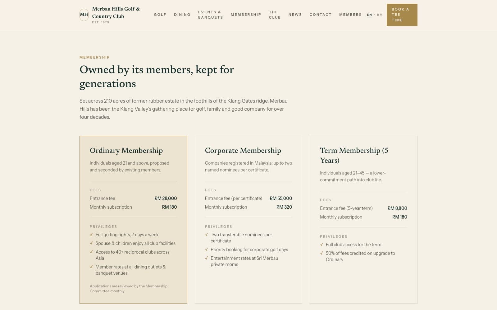 The membership page of the Club Kit demo site for a fictional club, shown on a desktop screen